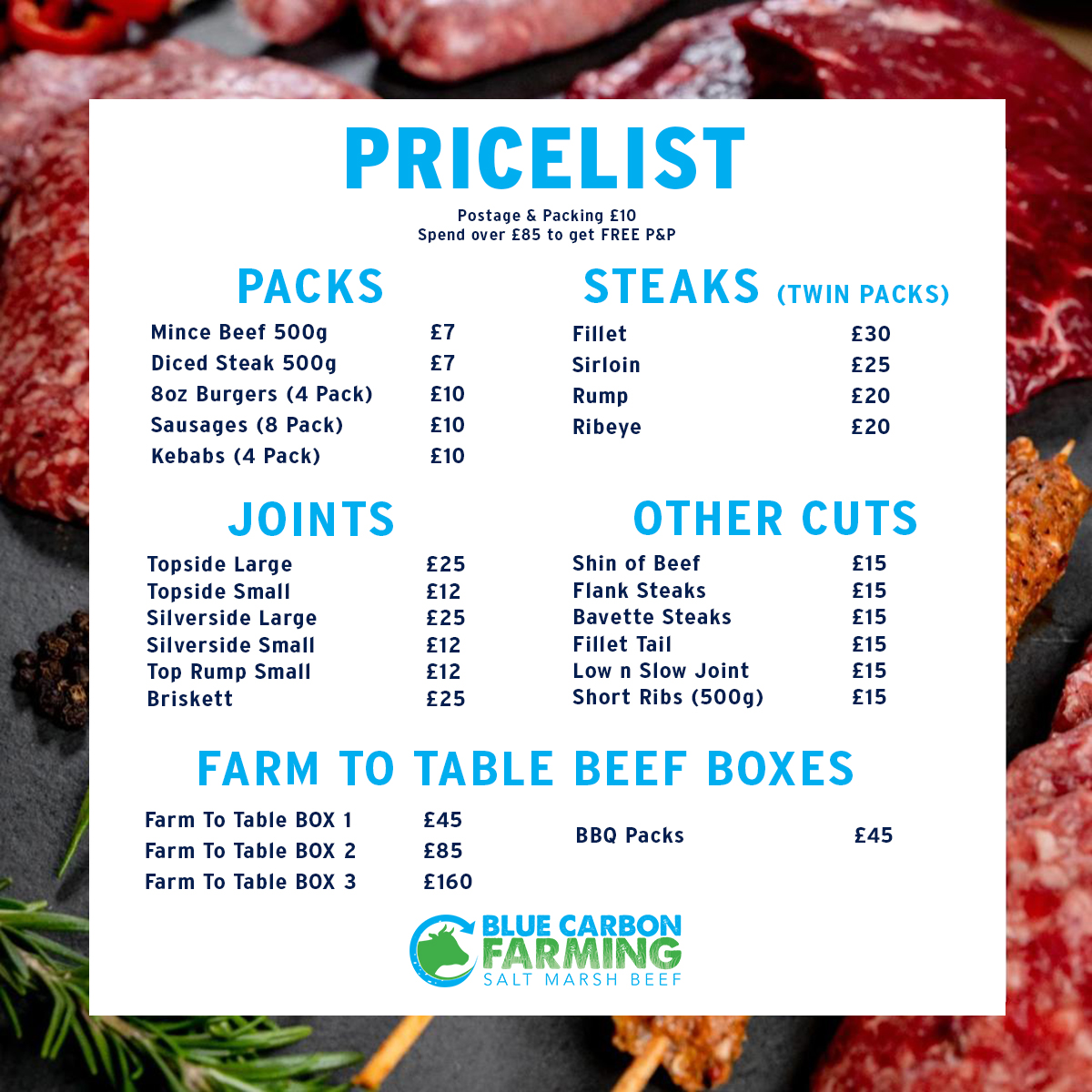 Blue Carbon Farming Company Grass Fed, Salt Marsh Beef, Steart, Somerset Pricelist - Support UK Farmers